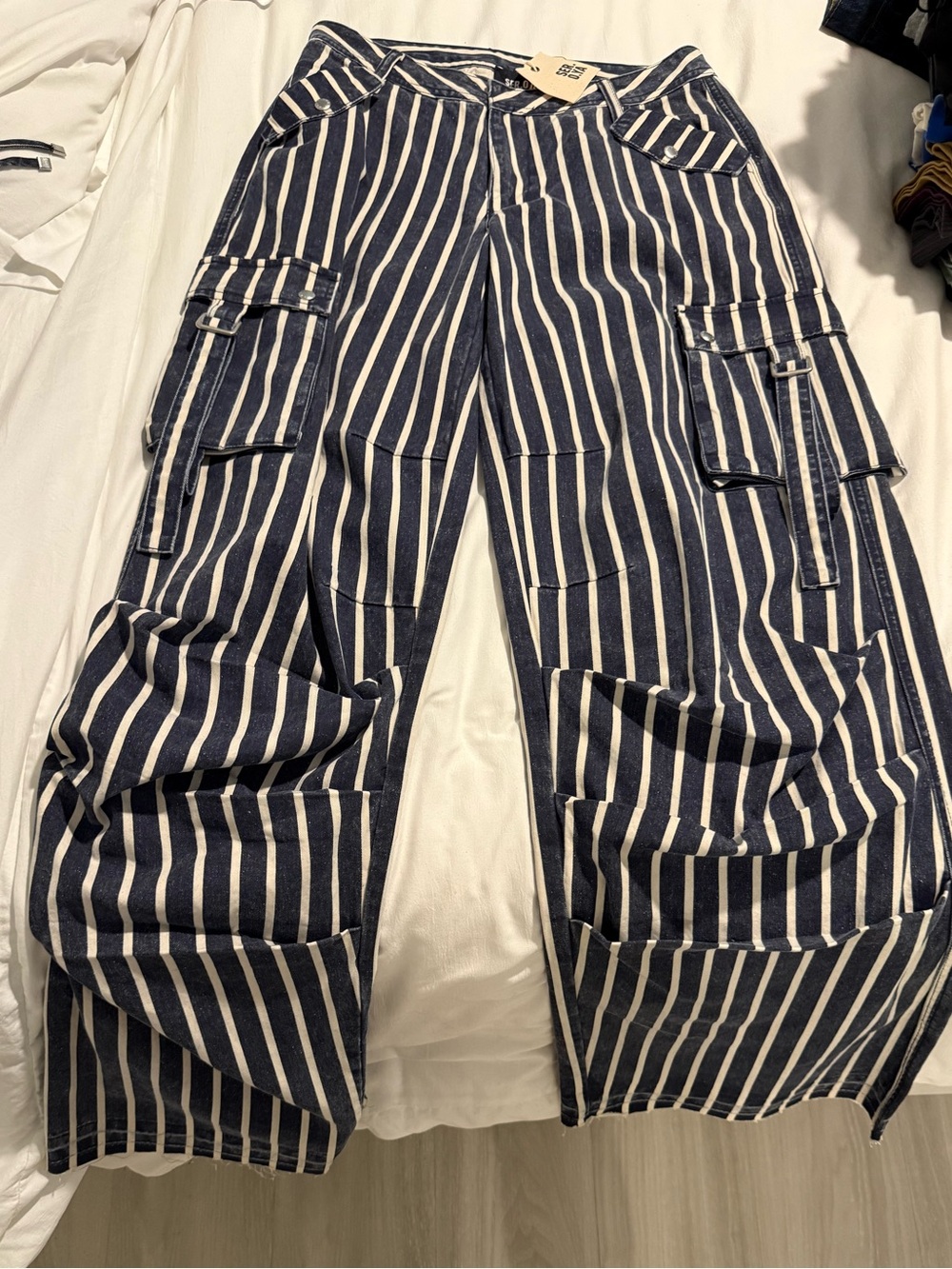 Striped Wide-Leg Cargo Pants in Navy and White